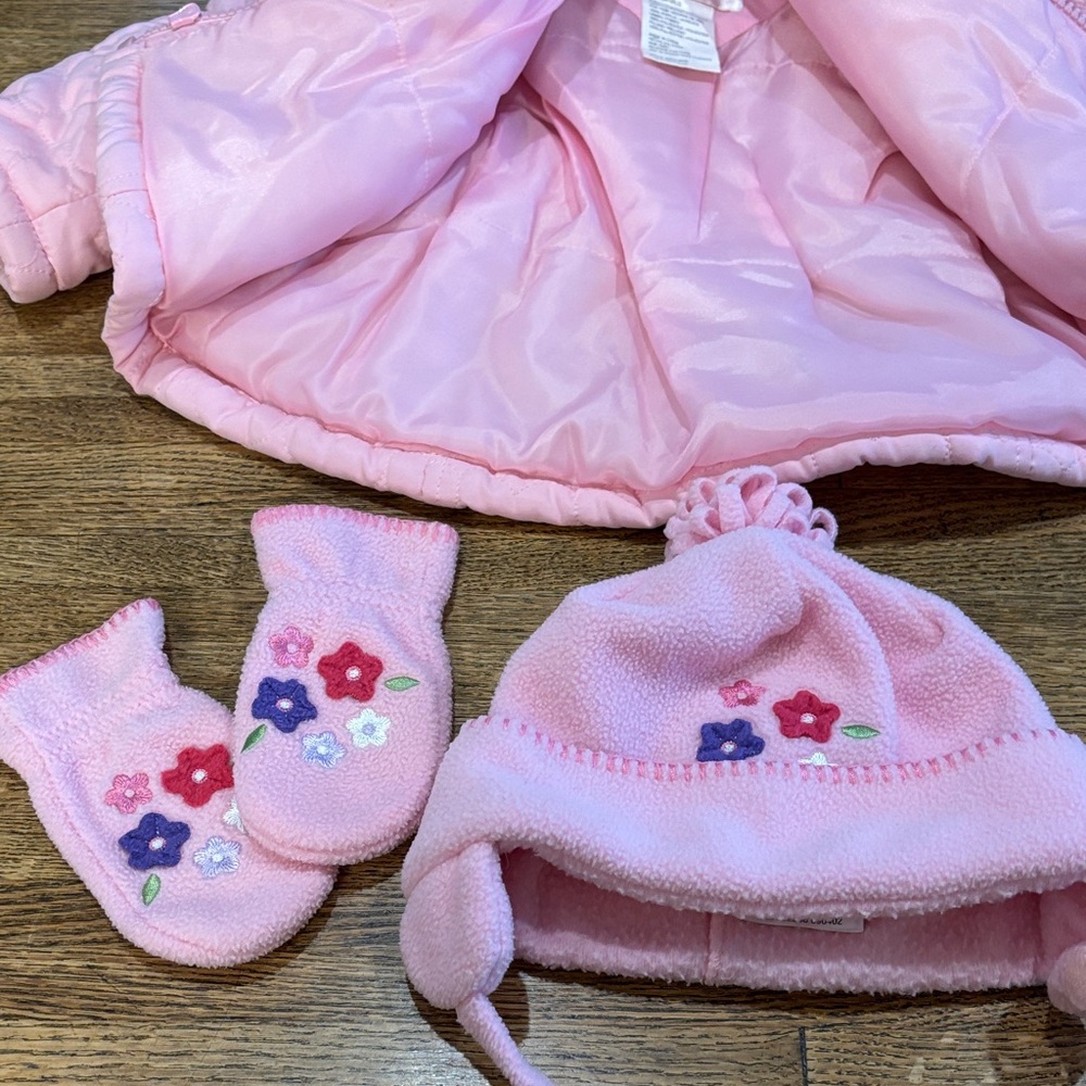 Two 12 M Girl’s Winter Jackets with Hoods. Pink Quilted and Faux Suede - Picture 7 of 13